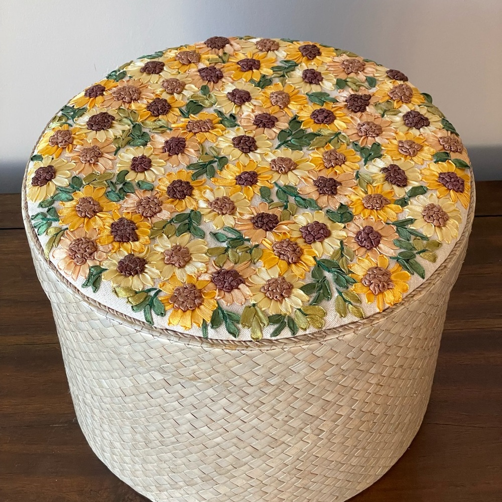 Silk embroidered sunflowers on round box lid - Picture 1 of 1